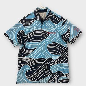 Five Birdies Aloha Shirt Mens Large Blue Floral Stretch Button Up Wave Golf Polo